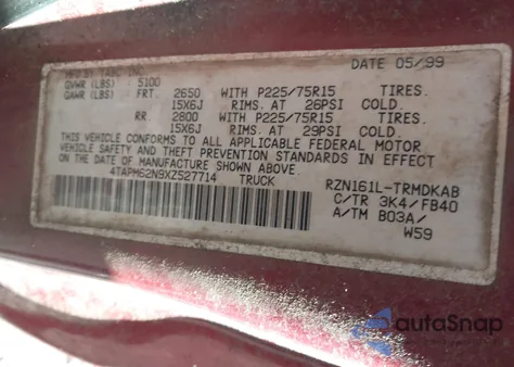 1999 Toyota Tacoma from USA, damaged, VIN 4TAPM62N9XZ527714